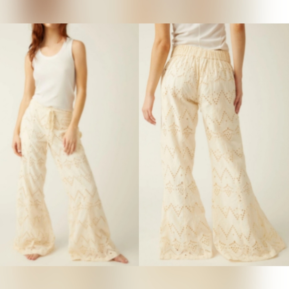 Free People Emma Embroidered Eyelet Cotton Wide Leg Pants CREAM